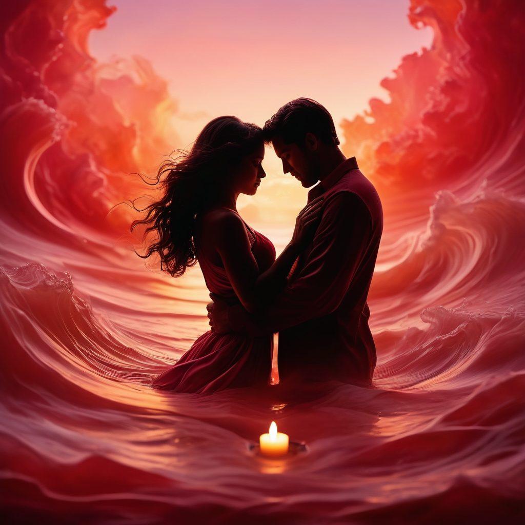 An abstract representation of two intertwined silhouettes in soft, flowing colors, surrounded by gentle waves of vibrant energy symbolizing passion and intimacy. Incorporate subtle elements like candles and velvet textures in the background to evoke warmth and allure. Use a blend of warm tones such as deep reds and soft pinks. The overall feel should be dreamy and inviting. super-realistic. vibrant colors. soft focus.
