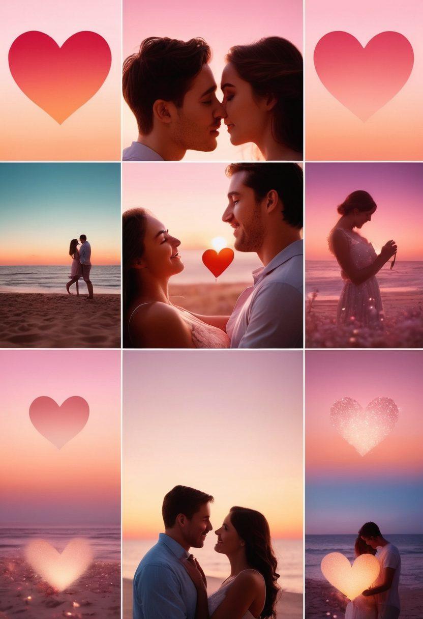 A captivating collage of diverse couples sharing intimate moments, each scene representing a different aspect of love and desire. Soft, glowing lighting enhances the romantic atmosphere, while subtle animated elements like heart shapes and sparkles weave through the scenes. The background is a dreamy gradient of pastel colors that evoke warmth and intimacy. The overall composition should feel inviting and celebratory, perfect for showcasing love. vibrant colors. dreamy aesthetic. soft focus.