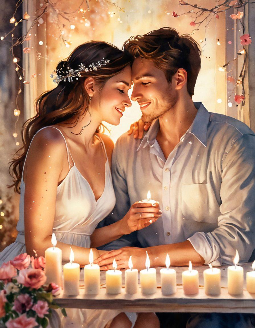 A cozy, warmly lit scene featuring an inviting couple sharing an intimate moment, surrounded by softly glowing candles and delicate petals. Their expressions convey deep affection and connection, with subtle details like intertwined hands and soft smiles. A playful background of blurred fairy lights enhances the romantic ambiance. watercolor painting. soft hues. warm colors.